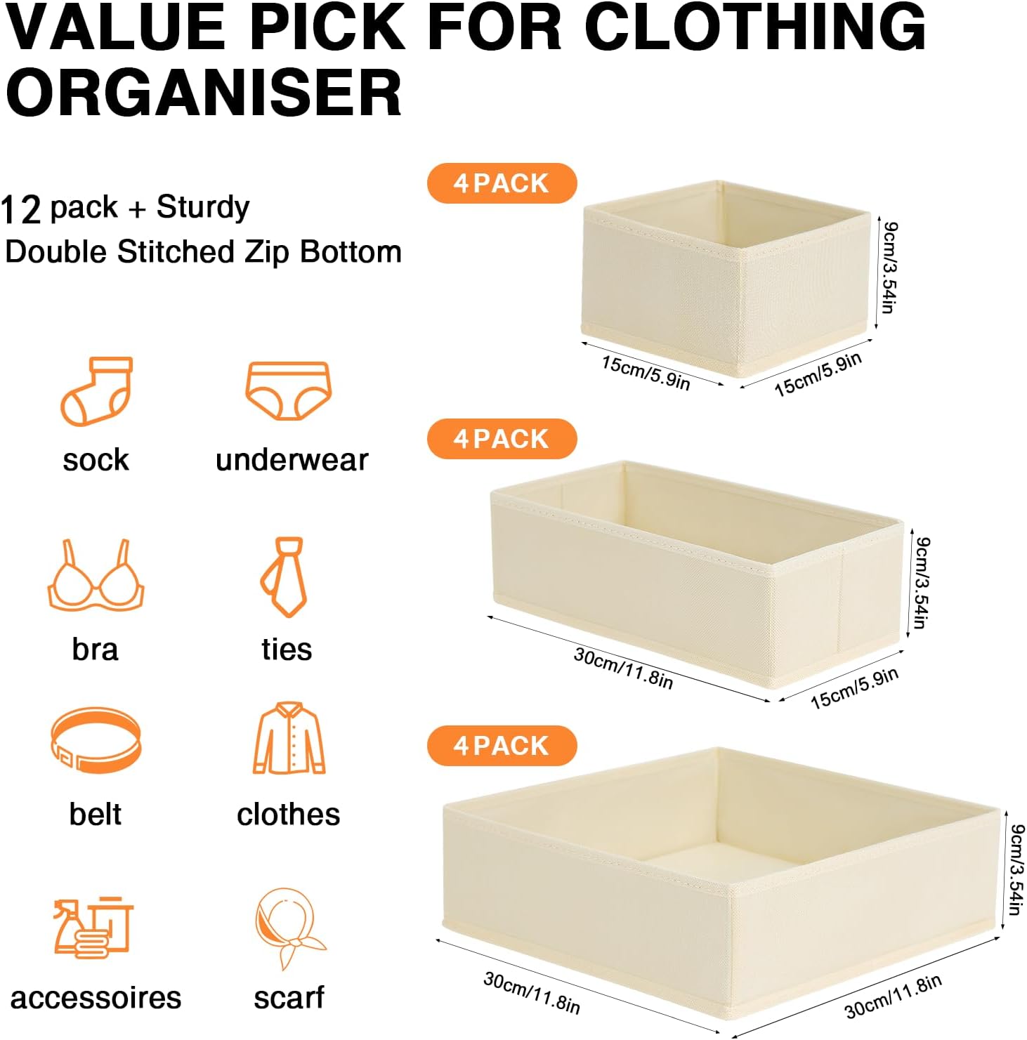 Homsorout Wardrobe Organiser - Set of 12 Drawer Organisers, Clothes Baby, Foldable Storage Box, Fabric Boxes Storage for Dresser, Socks, Bras, Beige