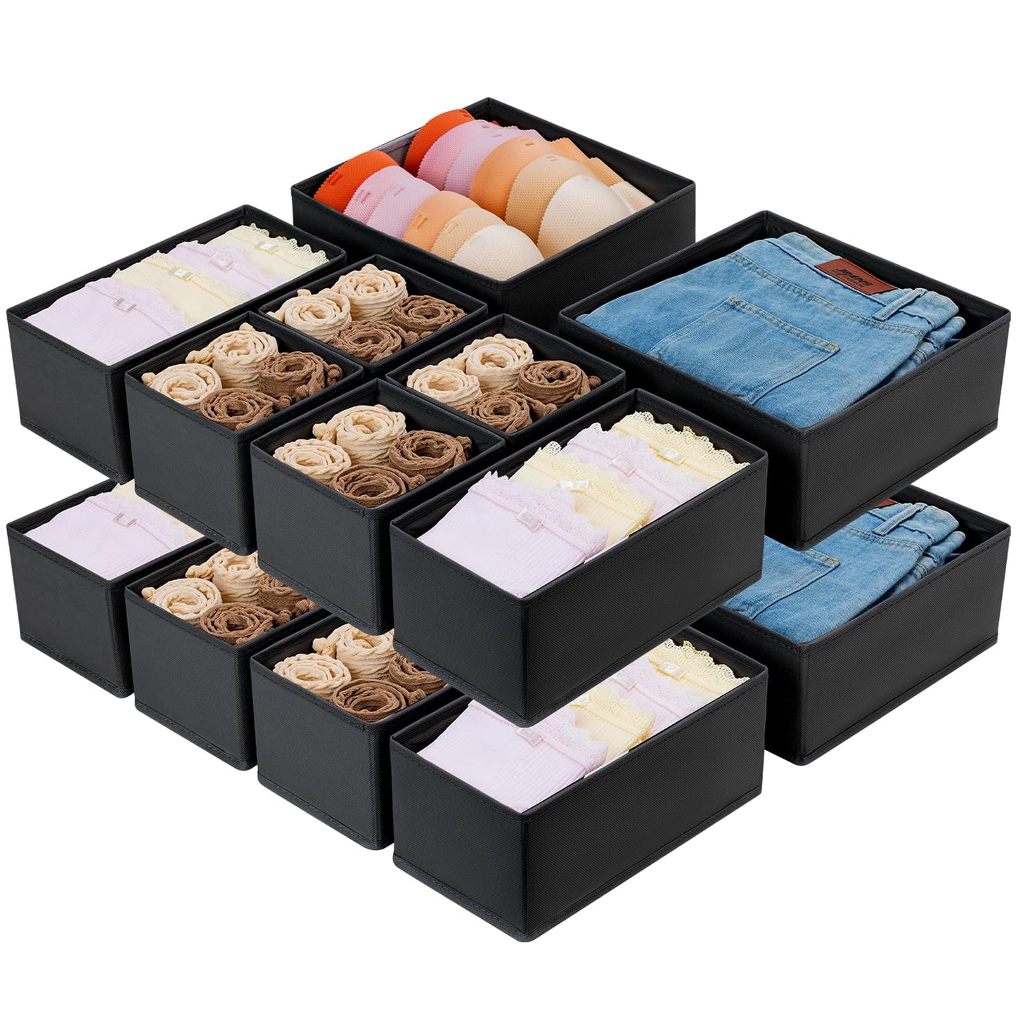 Homsorout Wardrobe Organiser - Set of 12 Drawer Organisers, Clothes Baby, Foldable Storage Box, Fabric Boxes Storage for Dresser, Socks, Bras, Beige