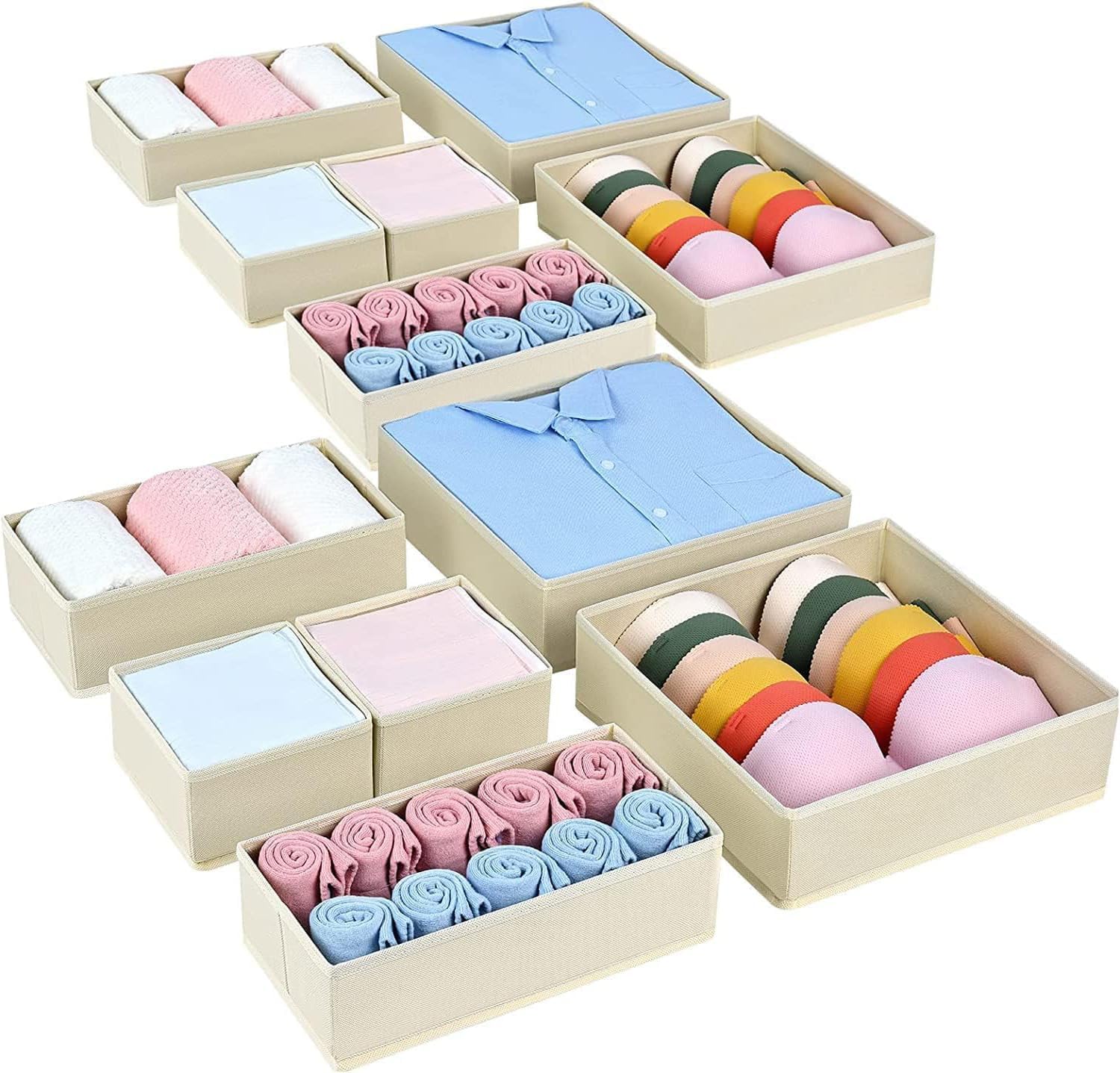 Homsorout Wardrobe Organiser - Set of 12 Drawer Organisers, Clothes Baby, Foldable Storage Box, Fabric Boxes Storage for Dresser, Socks, Bras, Beige