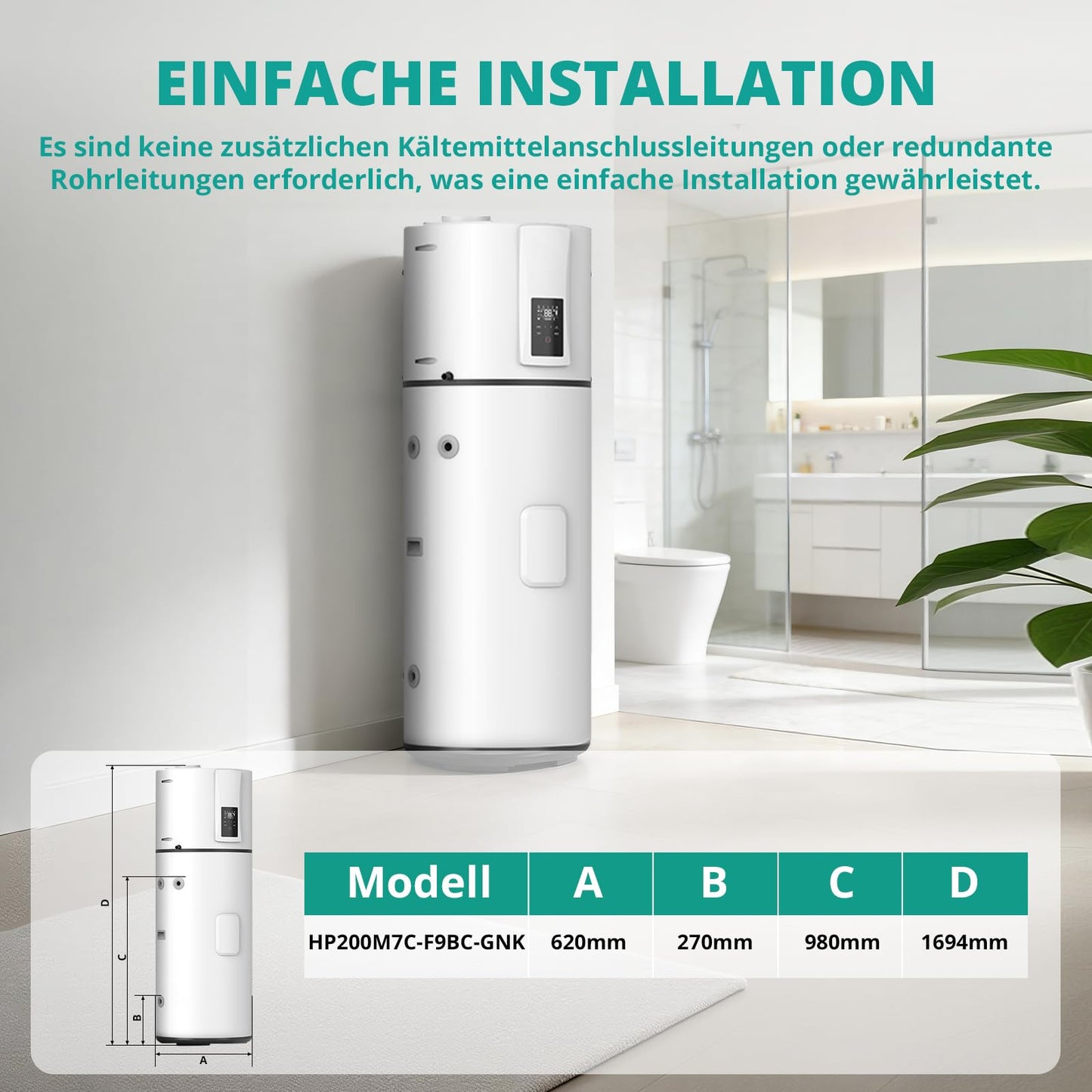 Warmwasser-Wärmepumpe 250 L mit Wärmetauscher, R290