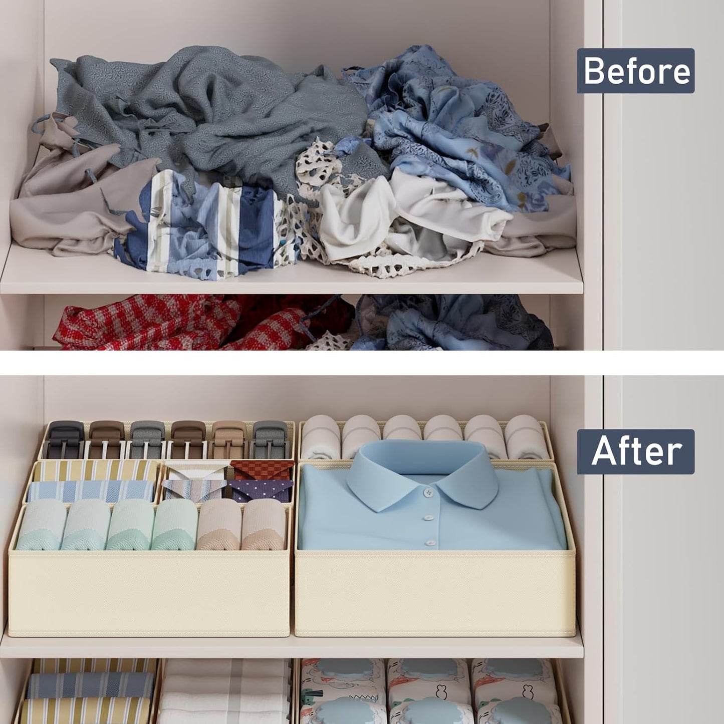 Homsorout Wardrobe Organiser - Set of 12 Drawer Organisers, Clothes Baby, Foldable Storage Box, Fabric Boxes Storage for Dresser, Socks, Bras, Beige