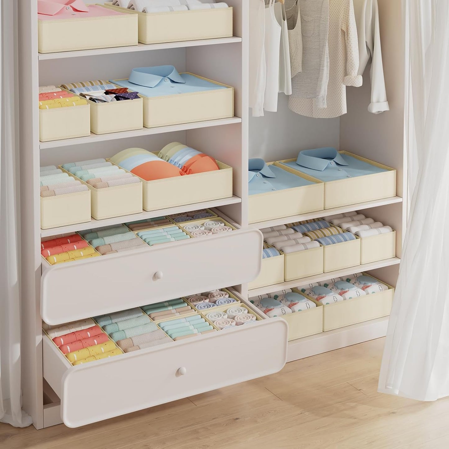 Homsorout Wardrobe Organiser - Set of 12 Drawer Organisers, Clothes Baby, Foldable Storage Box, Fabric Boxes Storage for Dresser, Socks, Bras, Beige