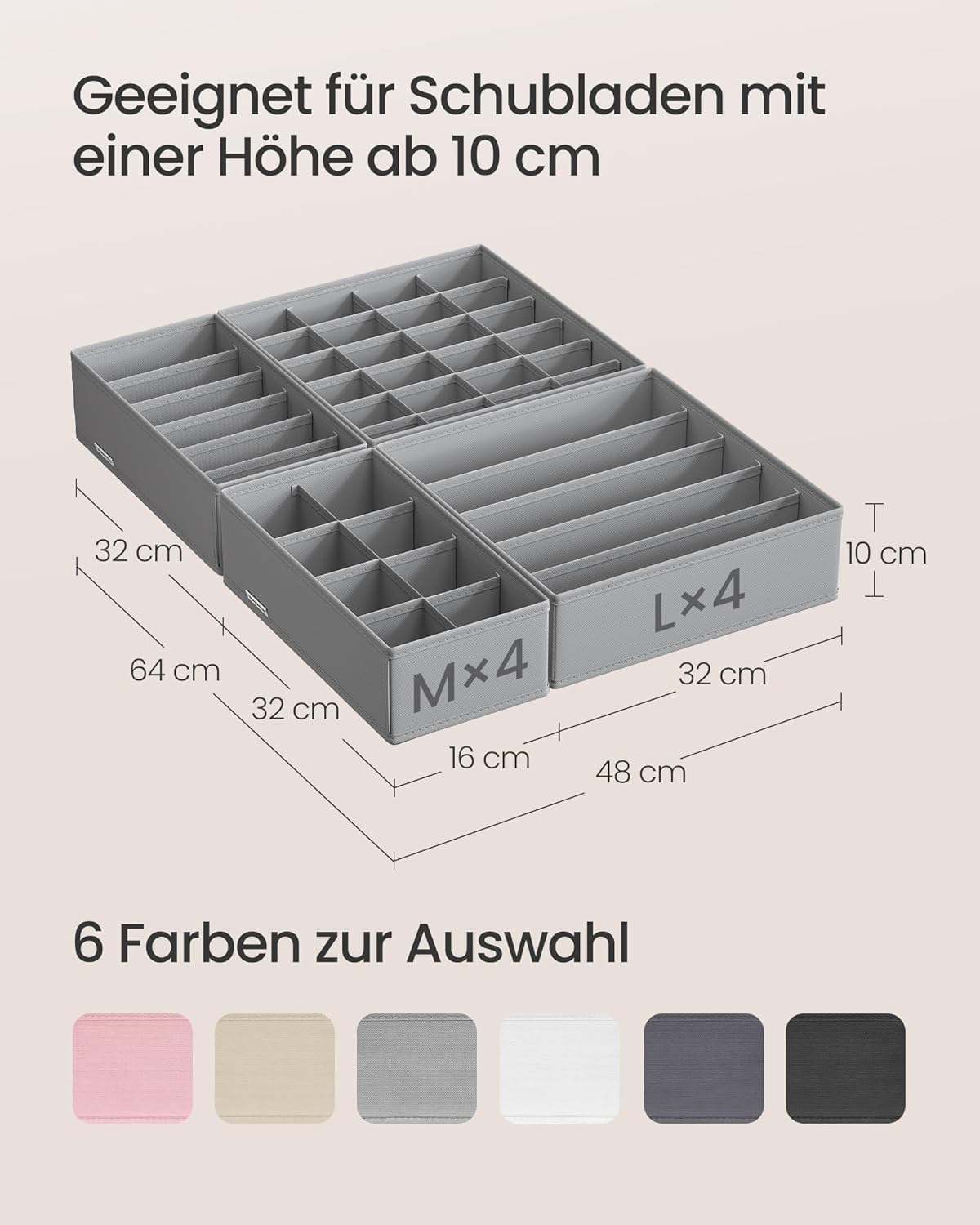 SONGMICS Underwear Organiser, Set of 8, Drawer Organiser, Foldable, Wardrobe Organiser System, Storage Box, Closet, Fabric Boxes Storage, for Bras, Socks, Ties, Dove Grey RUS008G01