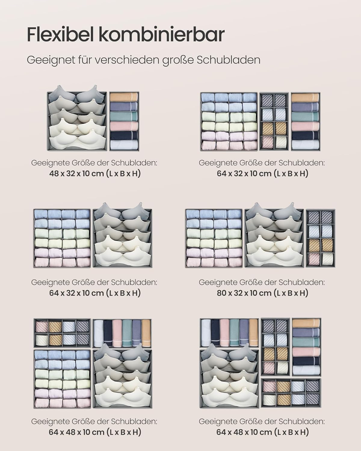 SONGMICS Underwear Organiser, Set of 8, Drawer Organiser, Foldable, Wardrobe Organiser System, Storage Box, Closet, Fabric Boxes Storage, for Bras, Socks, Ties, Dove Grey RUS008G01