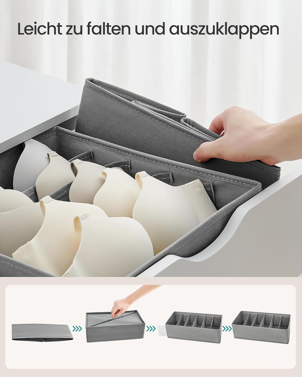 SONGMICS Underwear Organiser, Set of 8, Drawer Organiser, Foldable, Wardrobe Organiser System, Storage Box, Closet, Fabric Boxes Storage, for Bras, Socks, Ties, Dove Grey RUS008G01