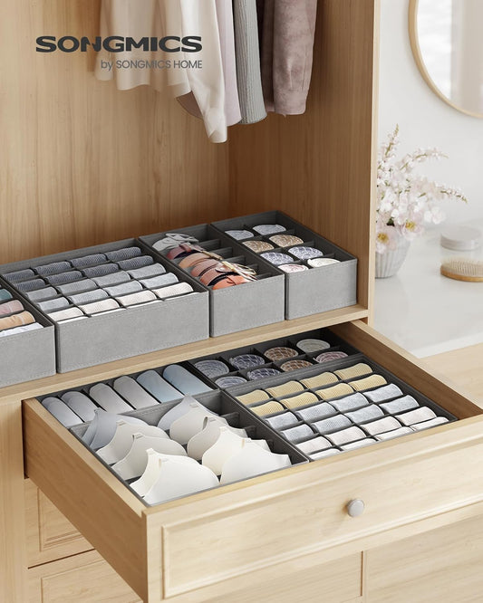 SONGMICS Underwear Organiser, Set of 8, Drawer Organiser, Foldable, Wardrobe Organiser System, Storage Box, Closet, Fabric Boxes Storage, for Bras, Socks, Ties, Dove Grey RUS008G01