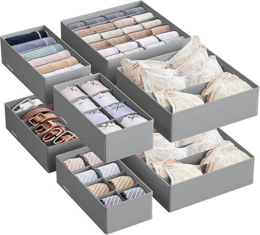 SONGMICS Underwear Organiser, Set of 8, Drawer Organiser, Foldable, Wardrobe Organiser System, Storage Box, Closet, Fabric Boxes Storage, for Bras, Socks, Ties, Dove Grey RUS008G01