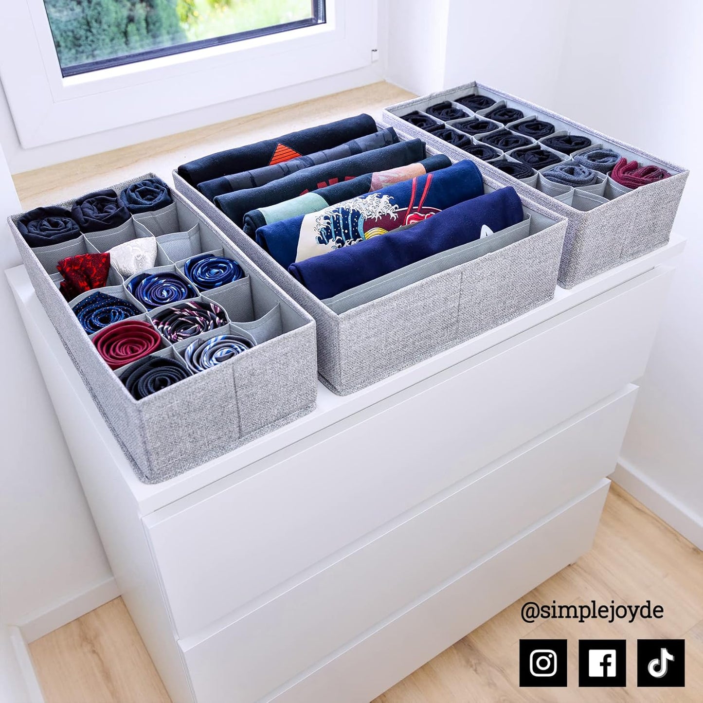 SIMPLE JOY Drawer Organisers with Stable Base, Storage System for Socks, Bras, Underwear, Suitable for IKEA Furniture, Fabric Storage Boxes in Grey