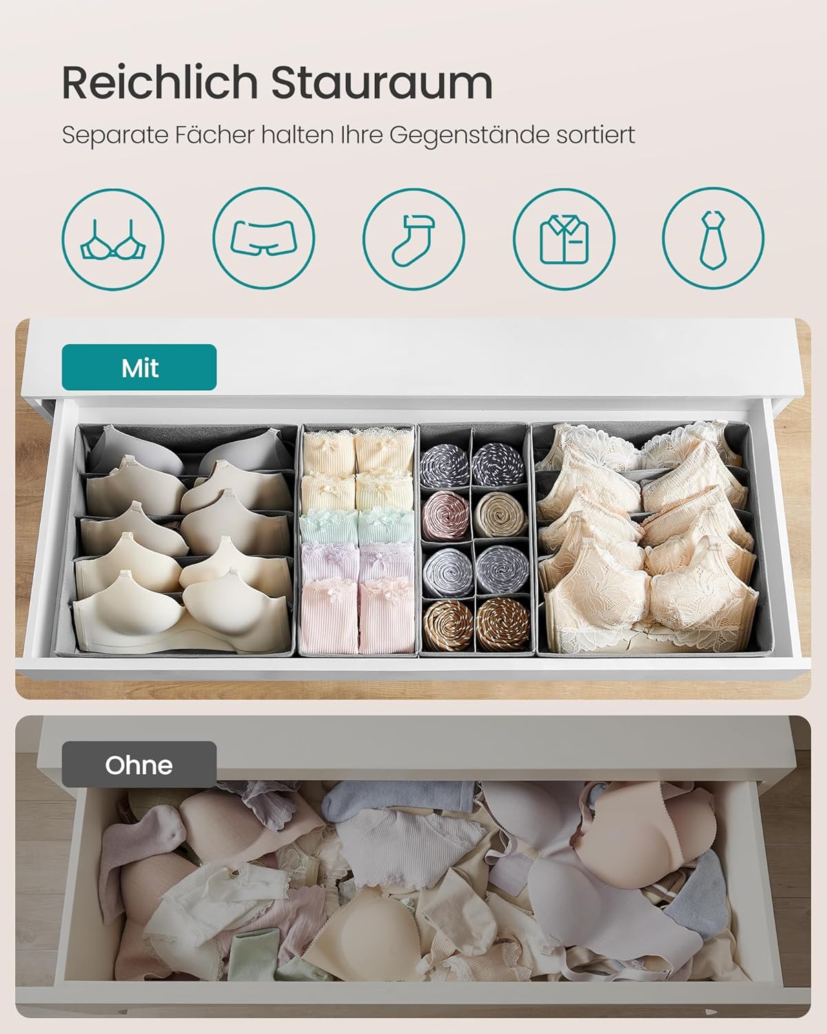 SONGMICS Underwear Organiser, Set of 8, Drawer Organiser, Foldable, Wardrobe Organiser System, Storage Box, Closet, Fabric Boxes Storage, for Bras, Socks, Ties, Dove Grey RUS008G01